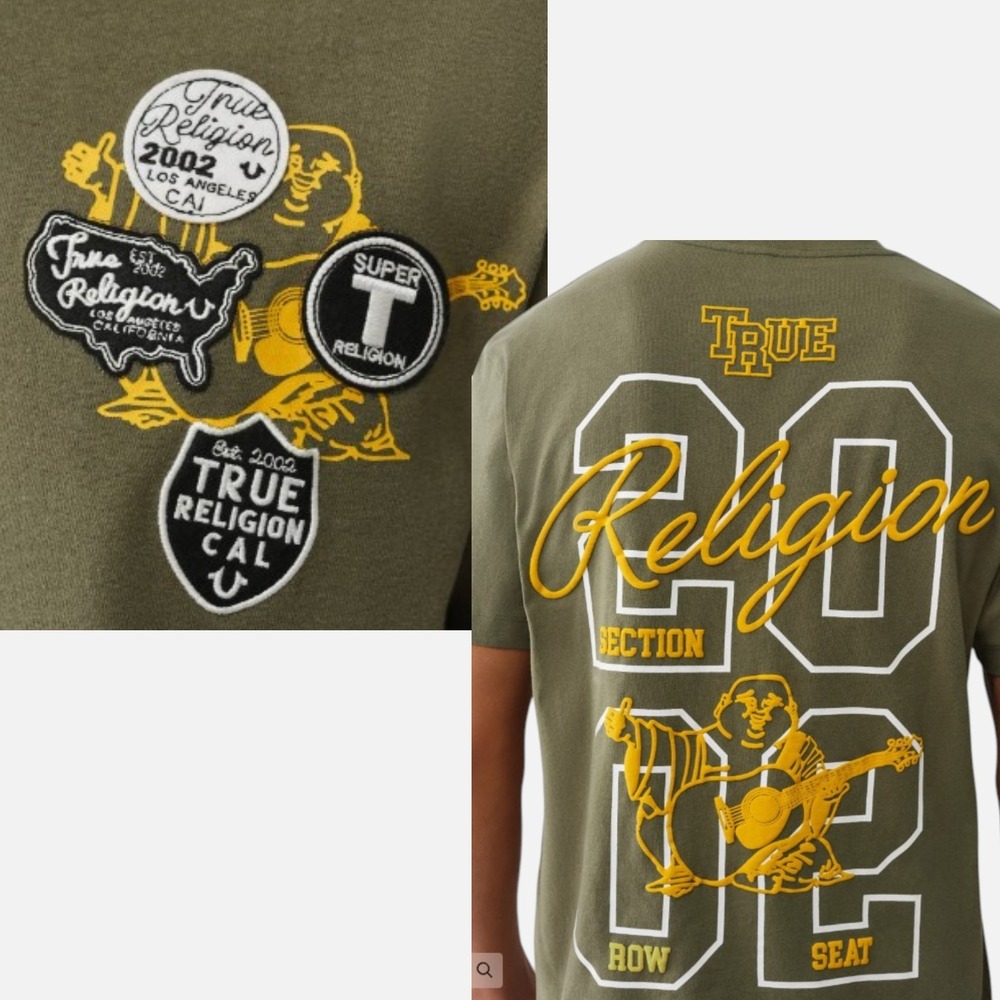 True Religion Mens SS University Tee Kalamata Green Graphic Patch T-Shirt 109519 - Picture 2 of 14